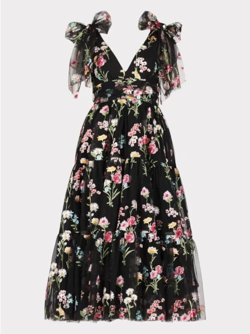JessaKae Black Floral Tie-Shoulder V-Neck Midi Dress